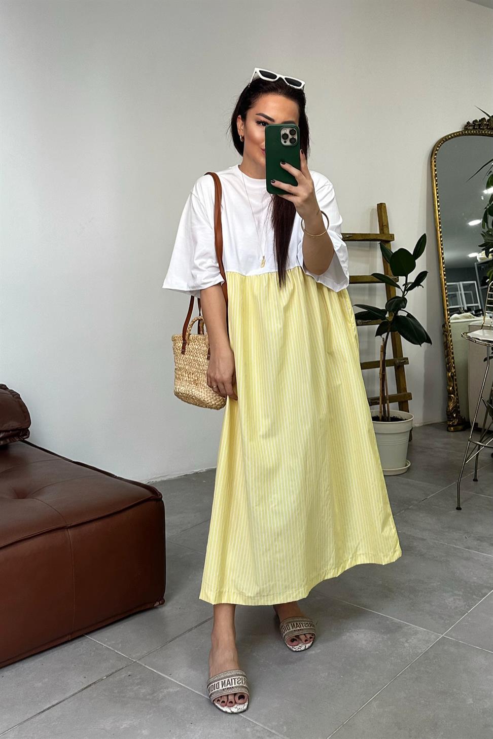 Premium Seri Candy Çizgili Oversize Midi Elbise Sarı