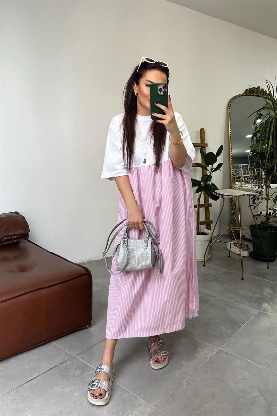 Premium Seri Candy Çizgili Oversize Midi Elbise Pembe