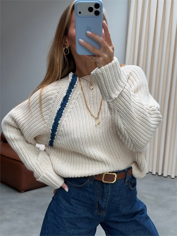 Premium Seri Denim Şerit Geçişli Kazak Ekru