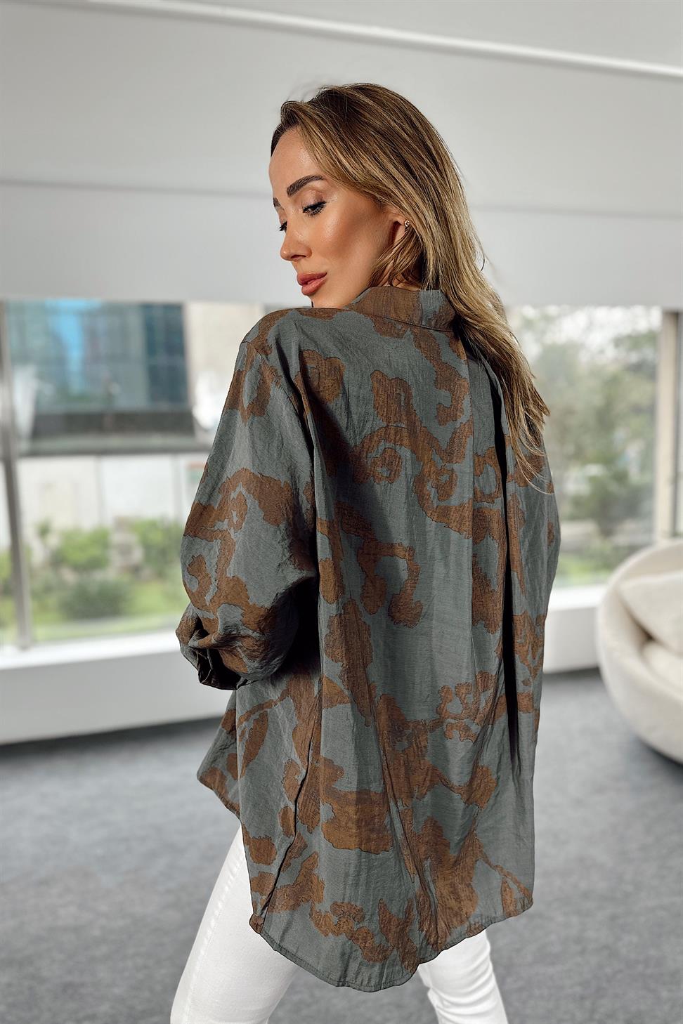 Premium Seri Etnik Desenli Salaş Gömlek Kahverengi