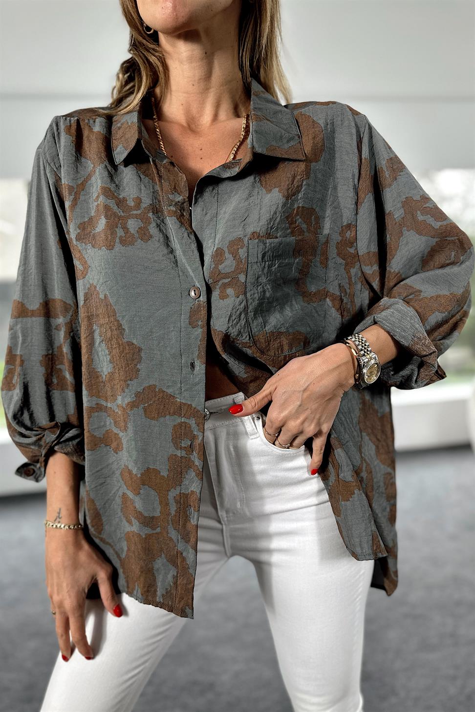 Premium Seri Etnik Desenli Salaş Gömlek Kahverengi