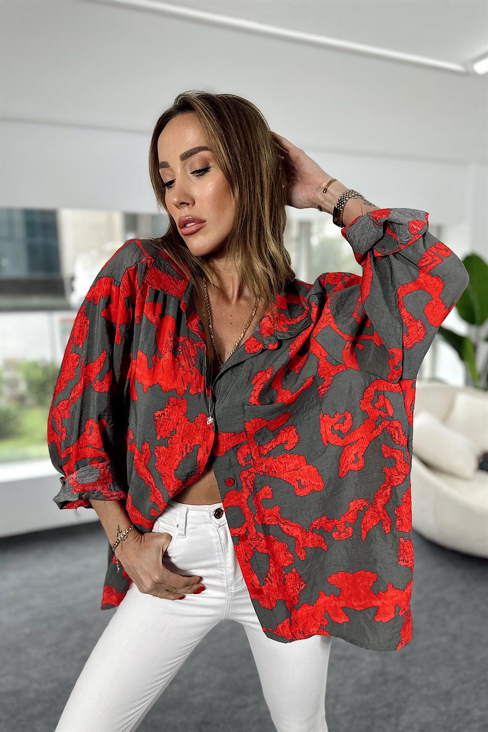 Premium Seri Etnik Desenli Salaş Gömlek Turuncu