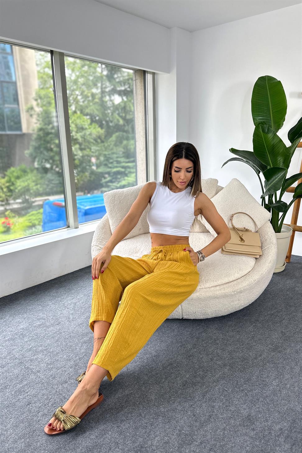 Premium Seri Gofre Kumaş Cepli Şalvar Pantolon Hardal