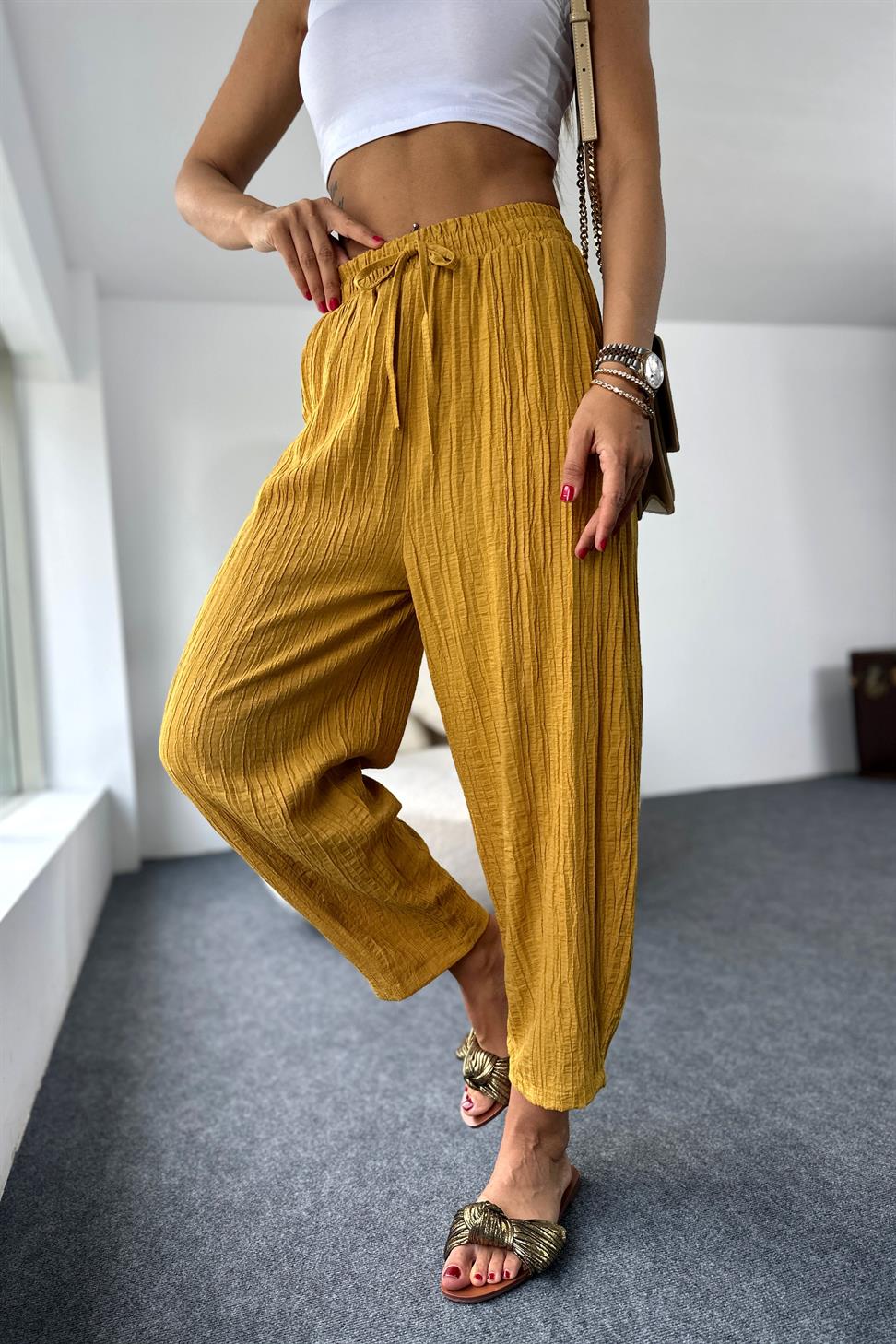 Premium Seri Gofre Kumaş Cepli Şalvar Pantolon Hardal