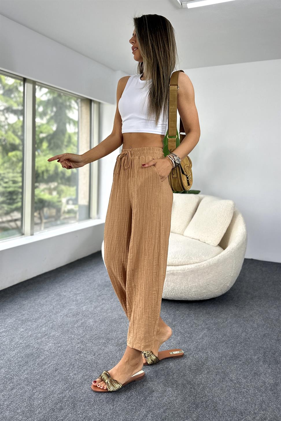 Premium Seri Gofre Kumaş Cepli Şalvar Pantolon Camel