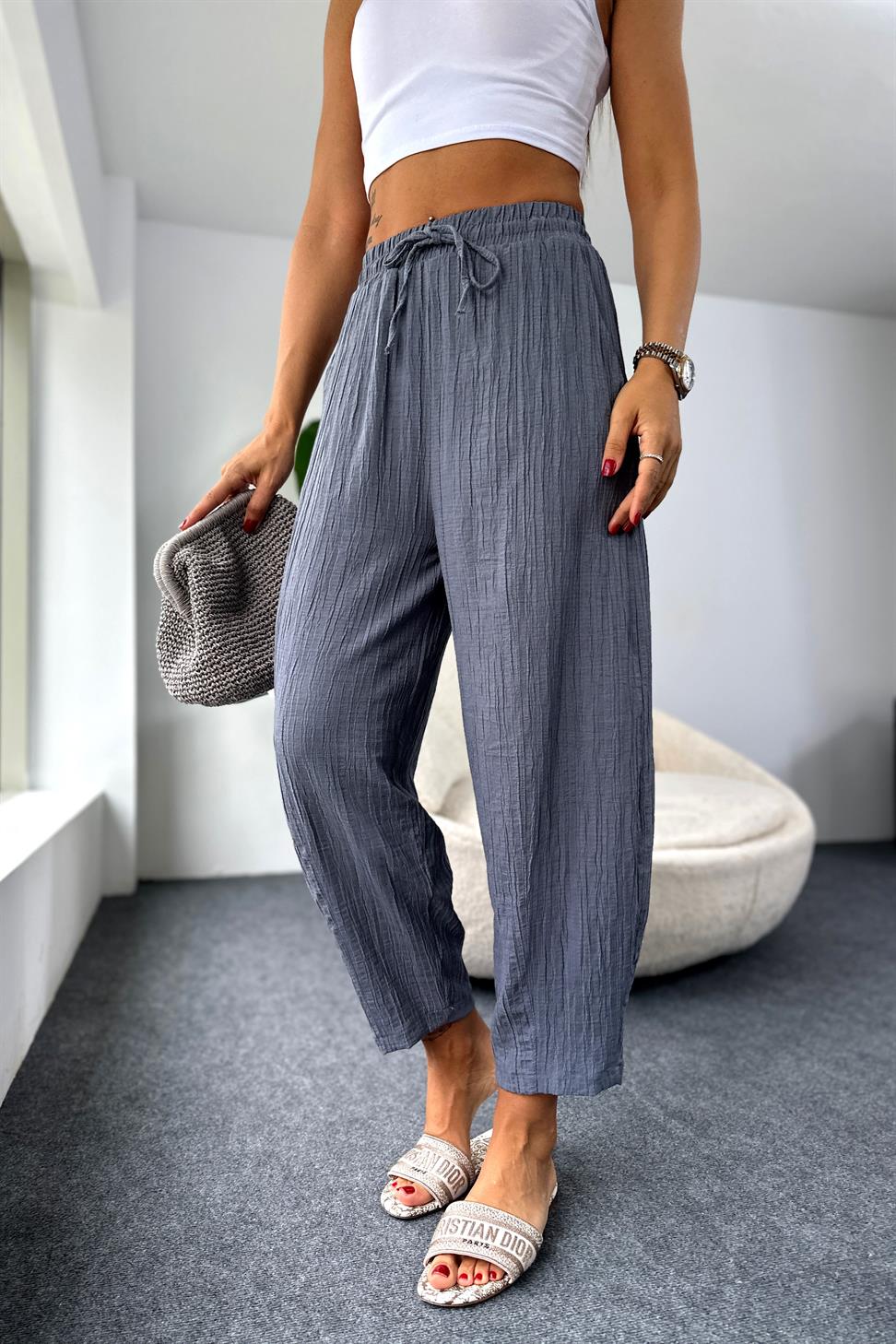 Premium Seri Gofre Kumaş Cepli Şalvar Pantolon Antrasit