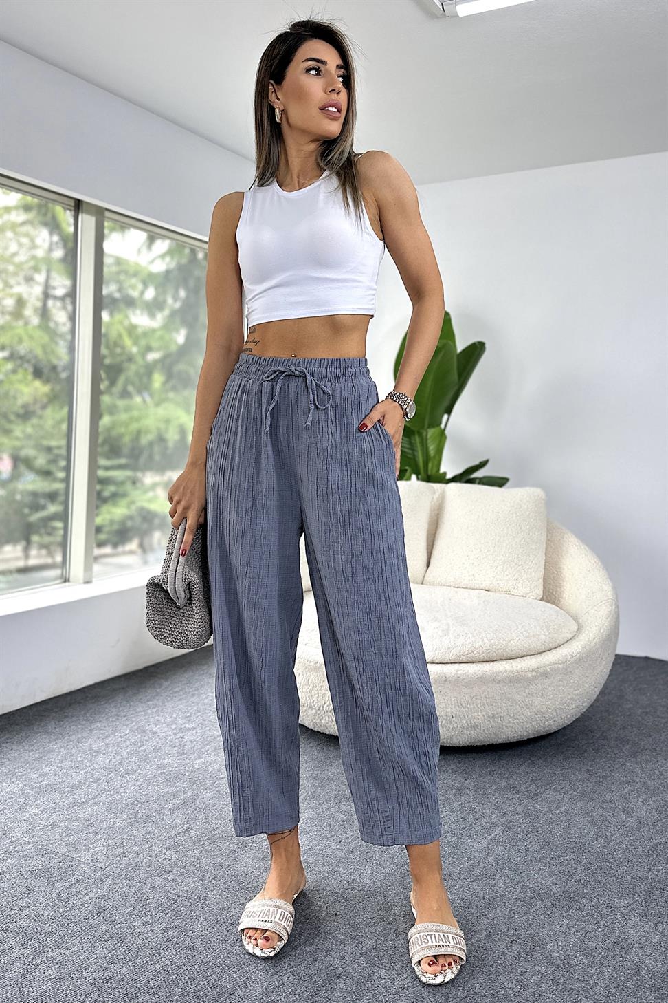 Premium Seri Gofre Kumaş Cepli Şalvar Pantolon Antrasit