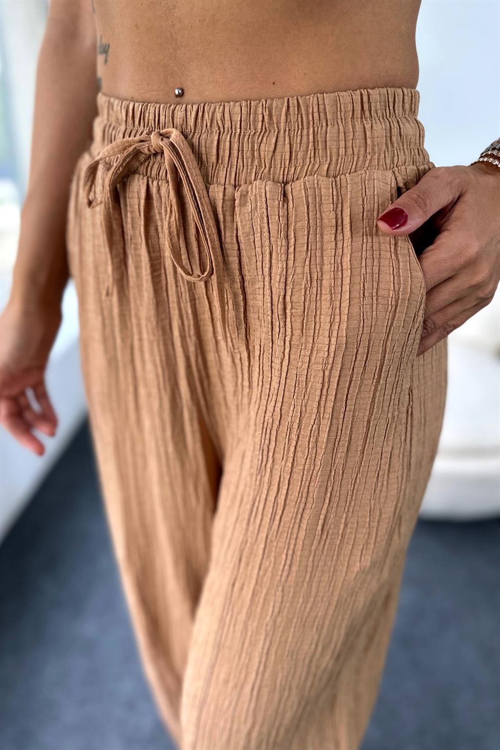 Premium Seri Gofre Kumaş Cepli Şalvar Pantolon Camel