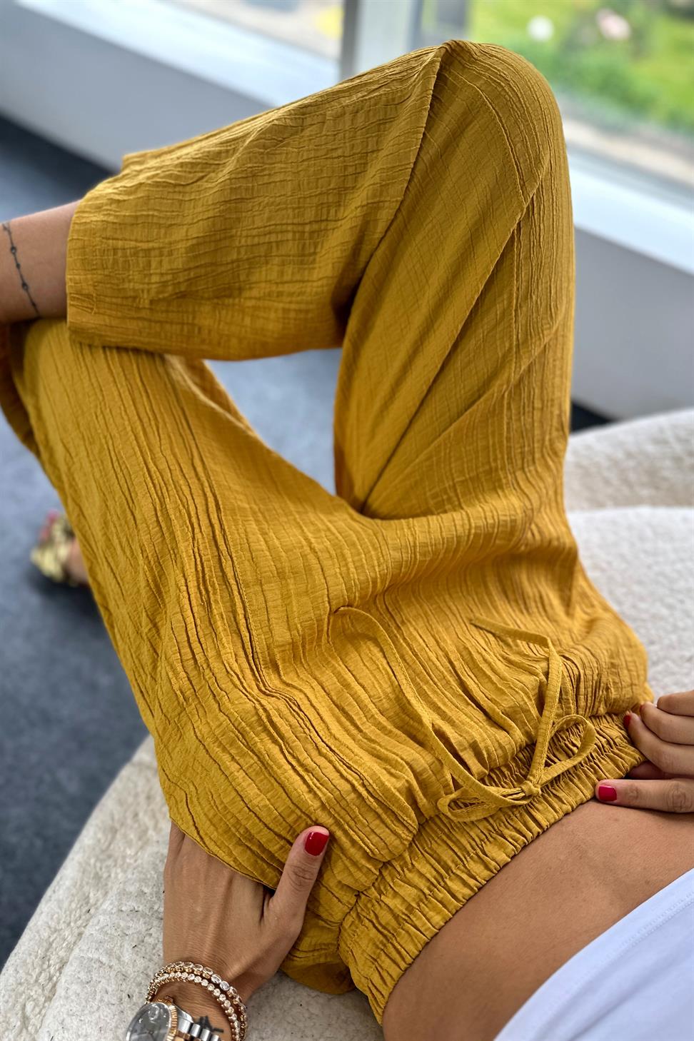 Premium Seri Gofre Kumaş Cepli Şalvar Pantolon Hardal