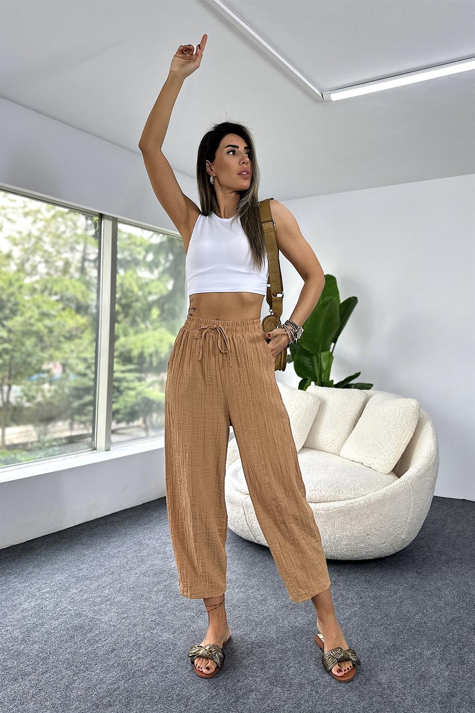 Premium Seri Gofre Kumaş Cepli Şalvar Pantolon Camel