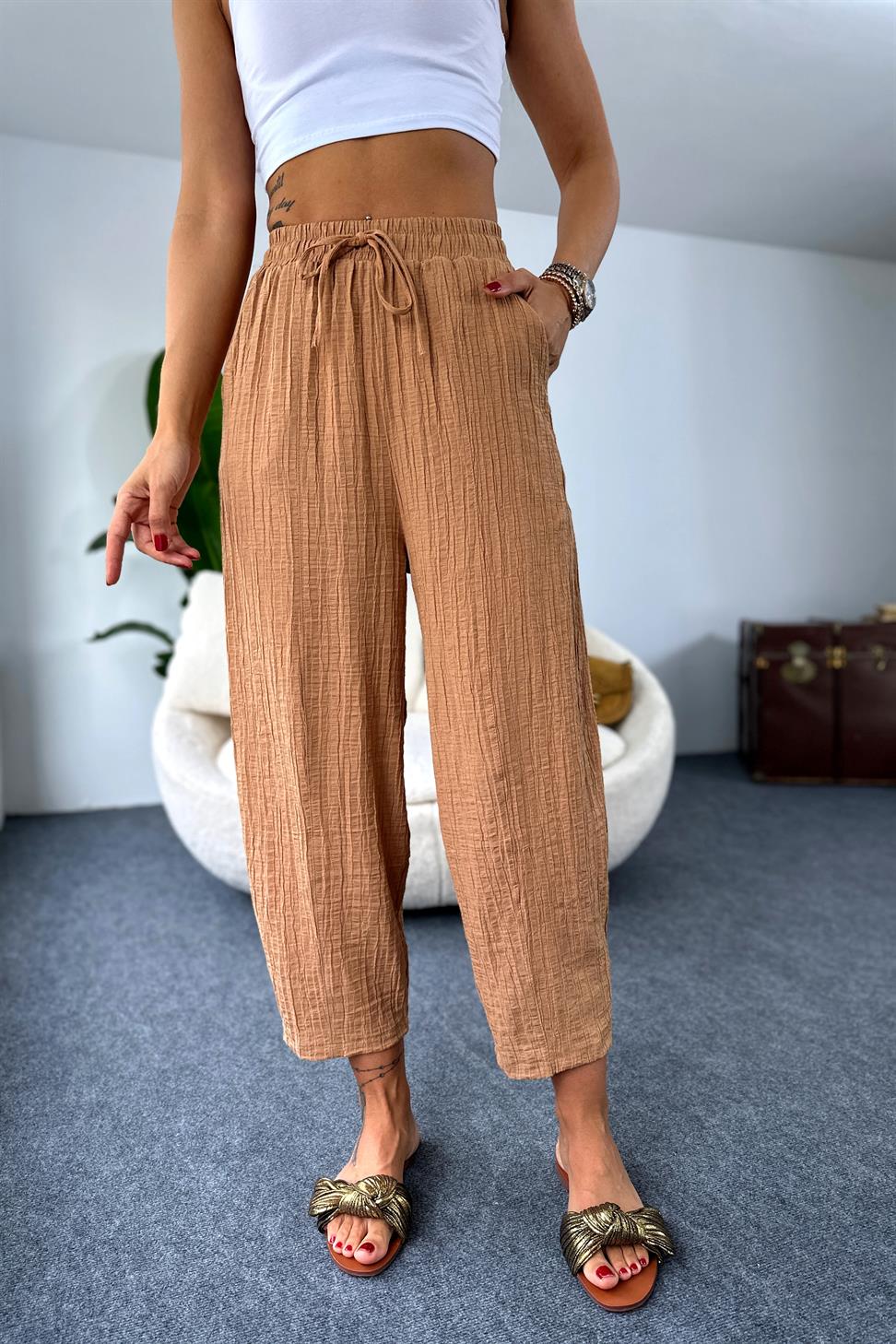 Premium Seri Gofre Kumaş Cepli Şalvar Pantolon Camel