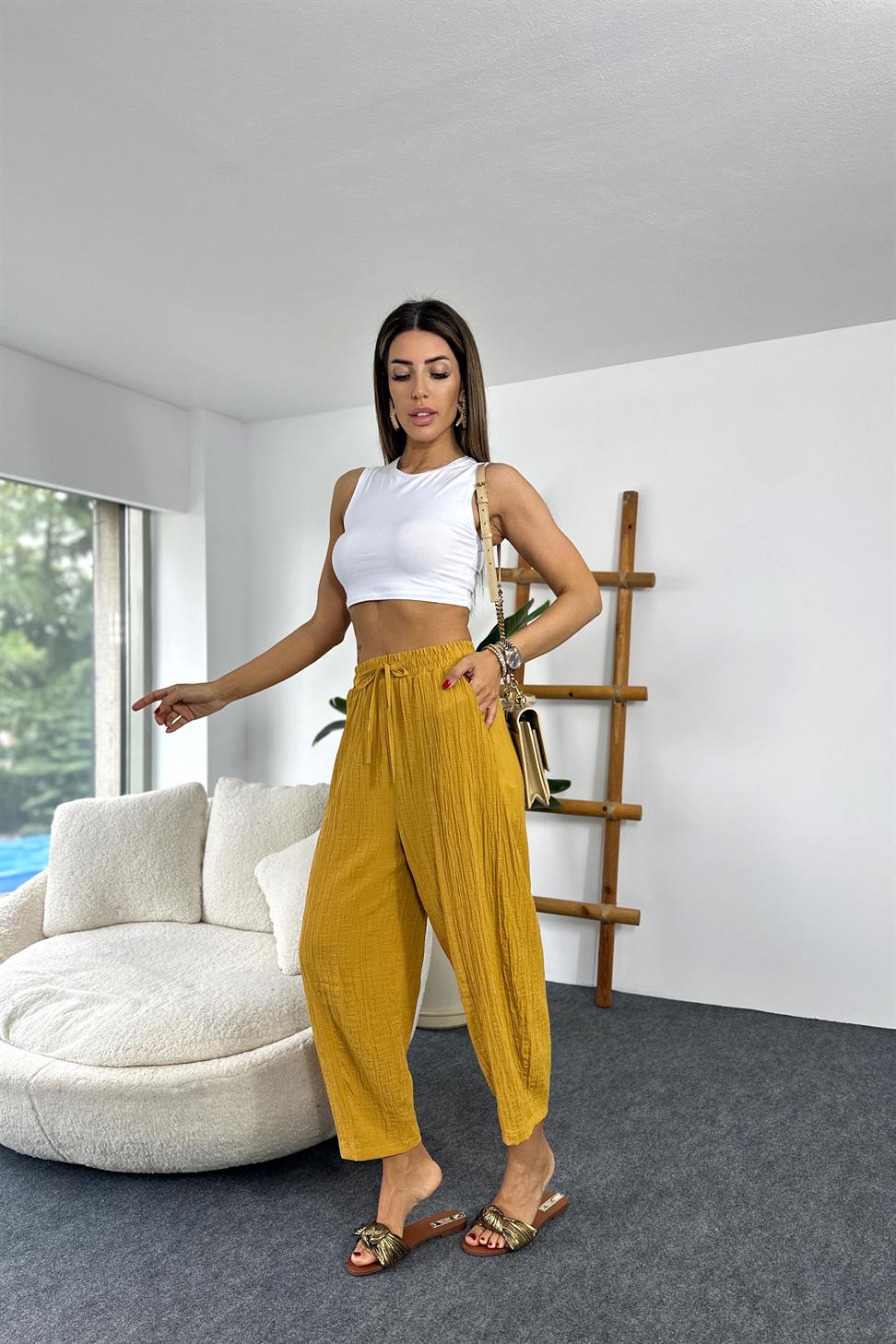 Premium Seri Gofre Kumaş Cepli Şalvar Pantolon Hardal