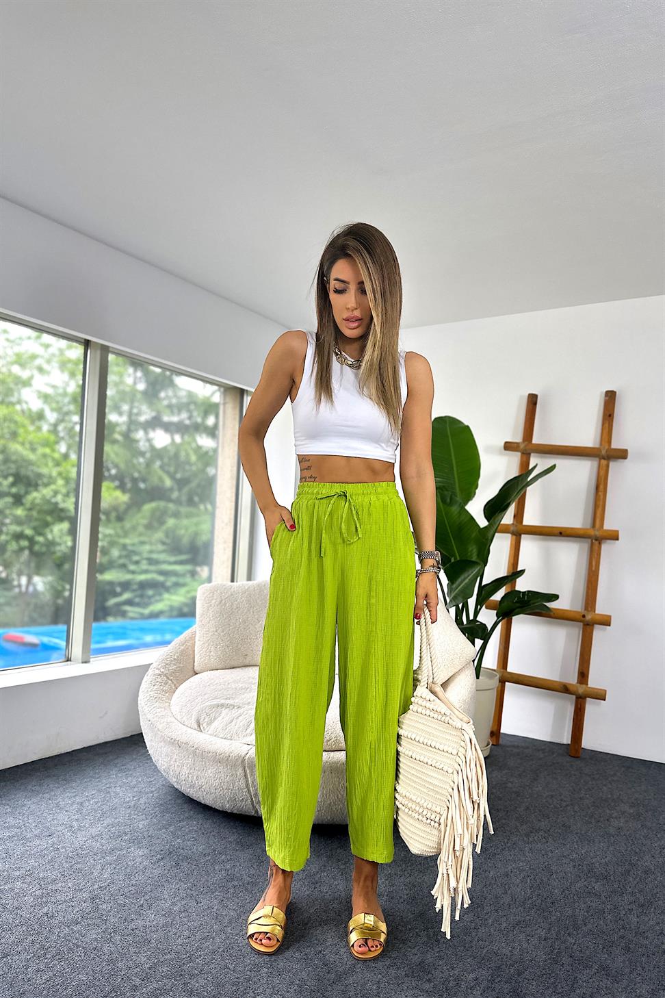 Premium Seri Gofre Kumaş Cepli Şalvar Pantolon Fıstık Yeşil