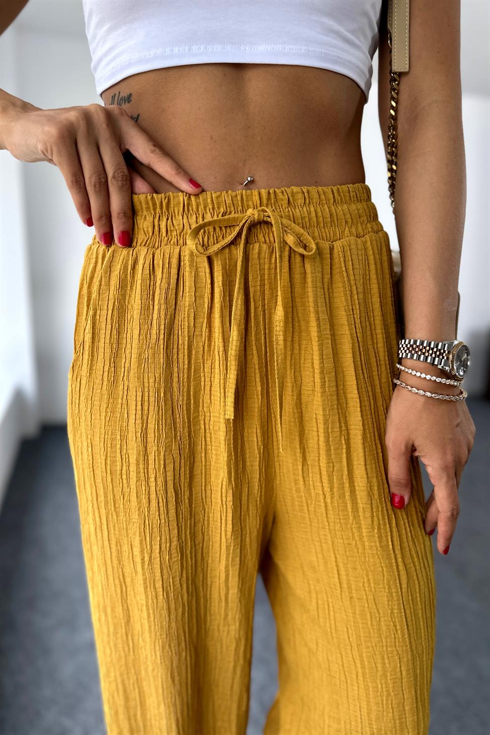 Premium Seri Gofre Kumaş Cepli Şalvar Pantolon Hardal