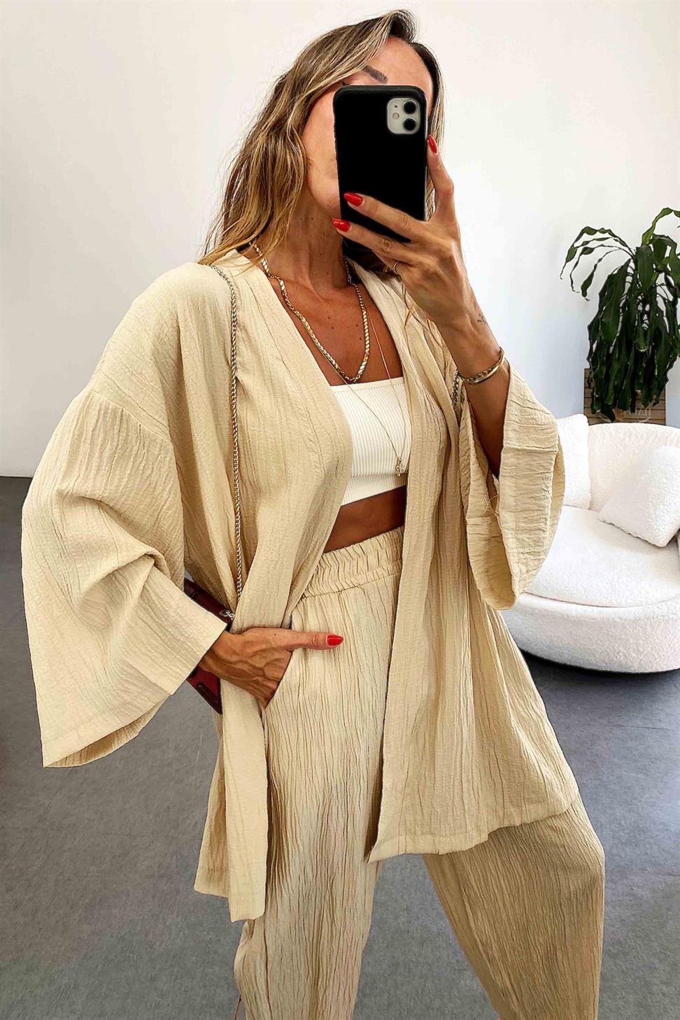 Premium Seri Gofre Kumaş Kimono Takım Taş