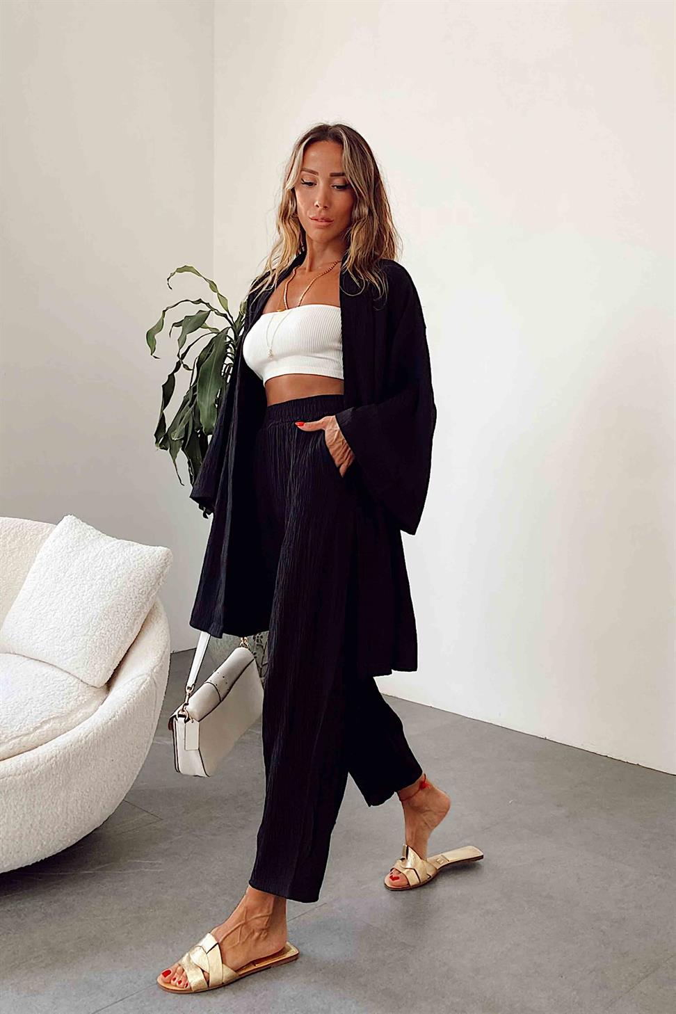 Premium Seri Gofre Kumaş Kimono Takım Siyah