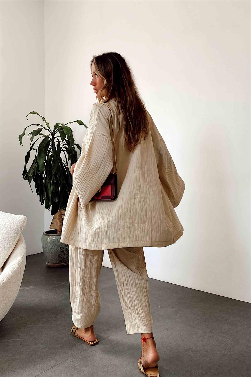 Premium Seri Gofre Kumaş Kimono Takım Taş