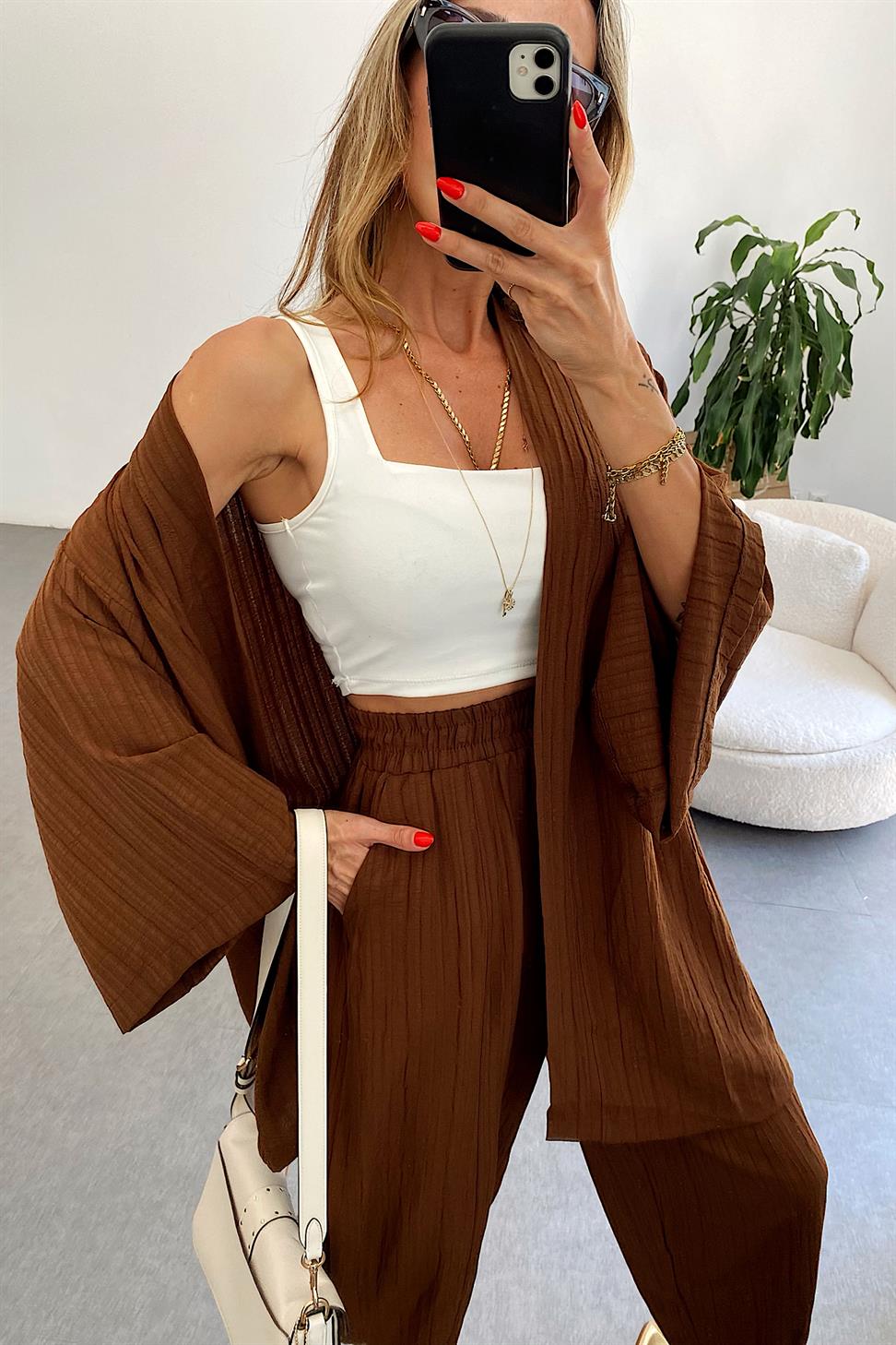 Premium Seri Gofre Kumaş Kimono Takım Acı Kahve