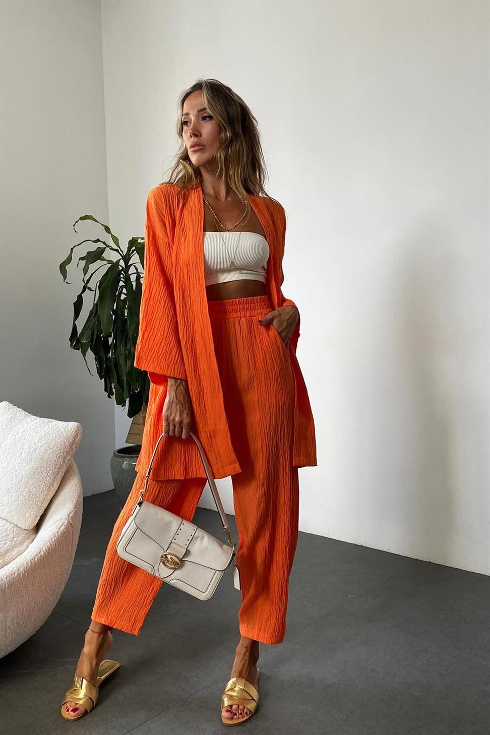 Premium Seri Gofre Kumaş Kimono Takım Turuncu