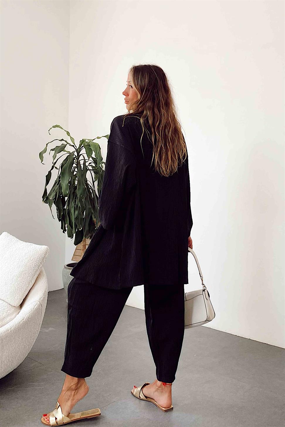 Premium Seri Gofre Kumaş Kimono Takım Siyah