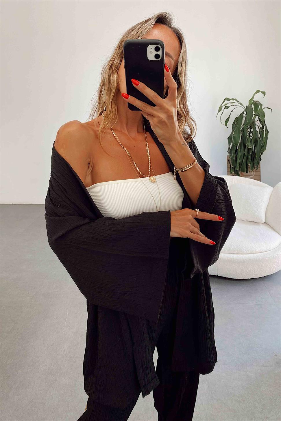 Premium Seri Gofre Kumaş Kimono Takım Siyah