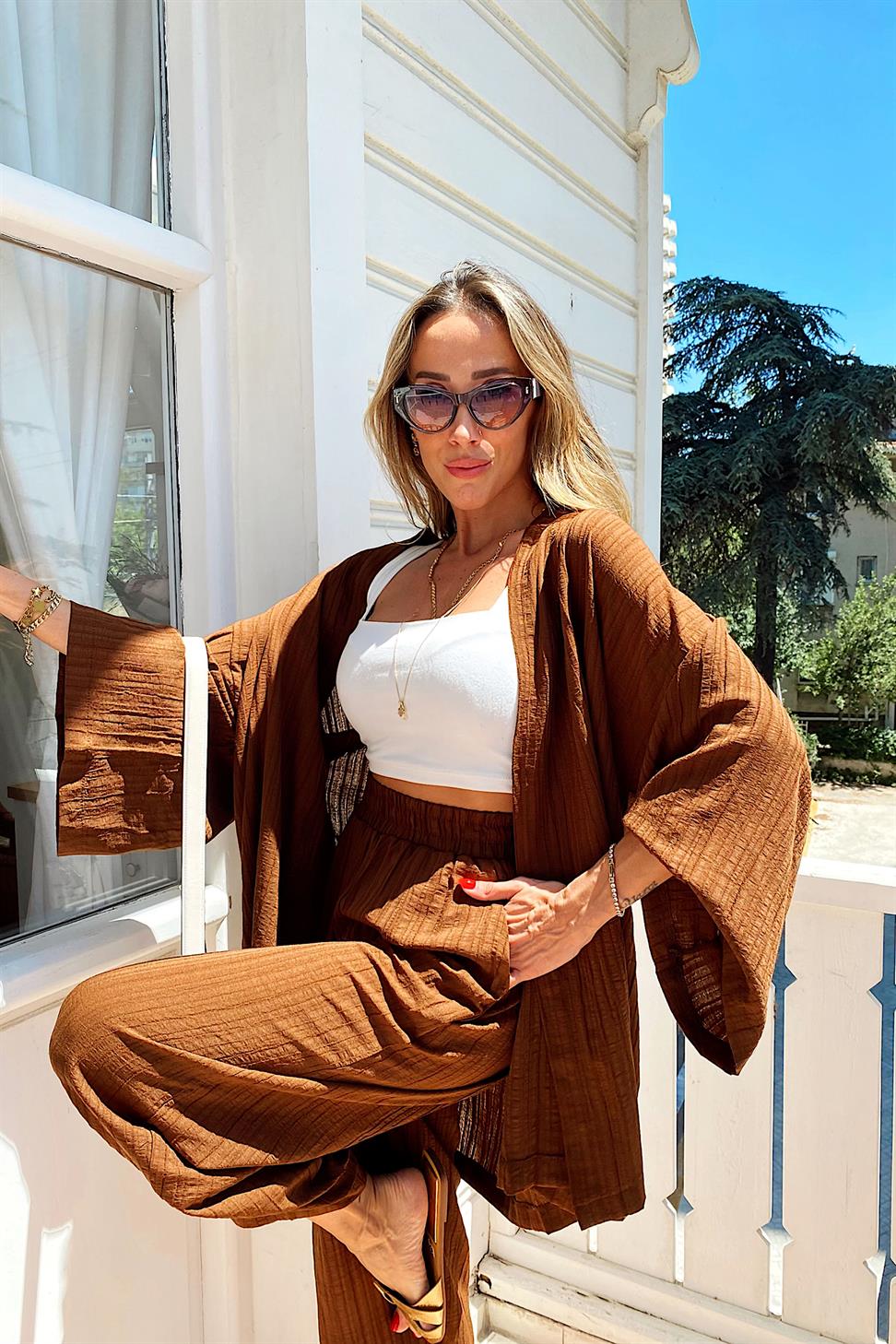 Premium Seri Gofre Kumaş Kimono Takım Acı Kahve