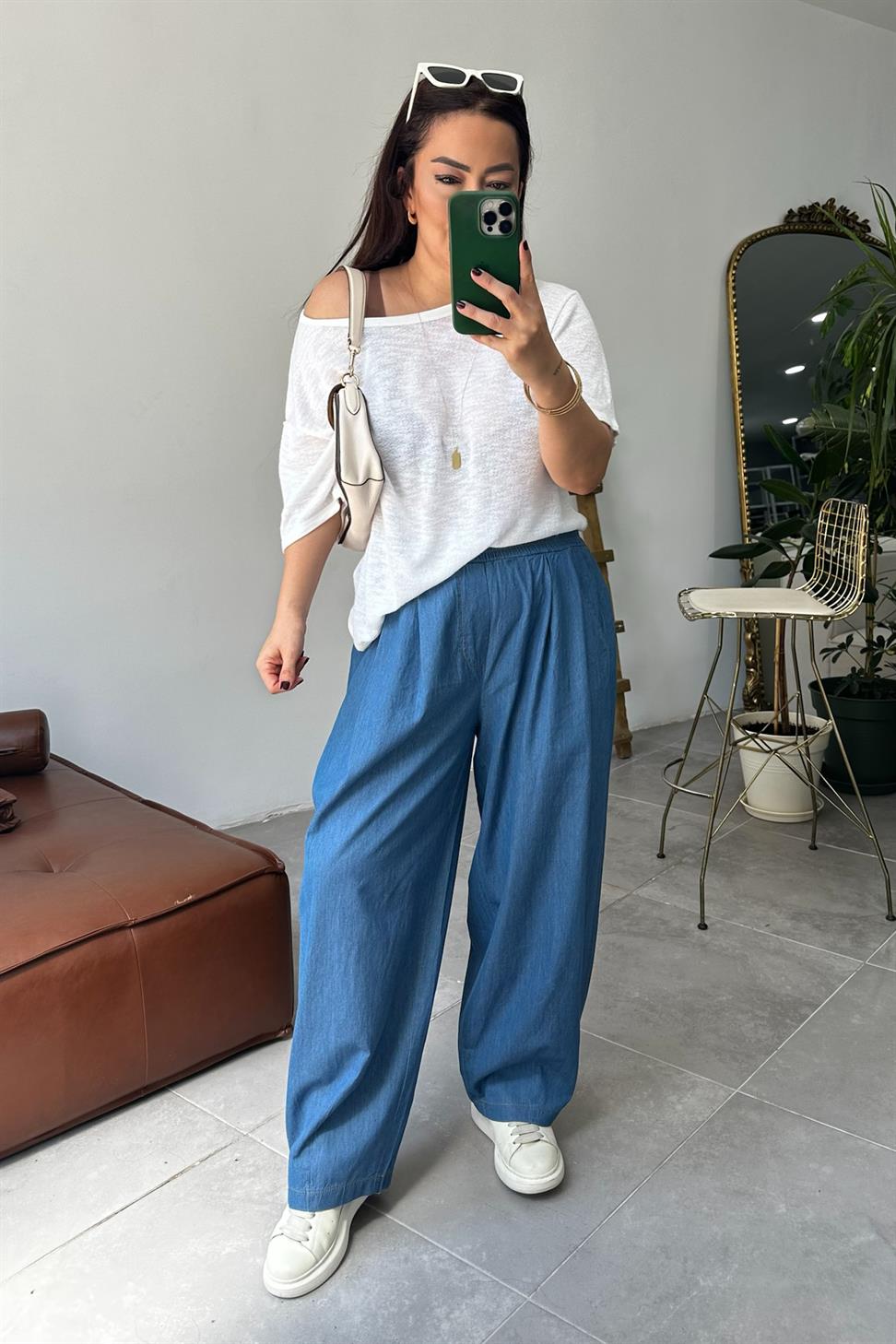 Premium Seri İnce Tensel Denim Şalvar Pantolon Mavi