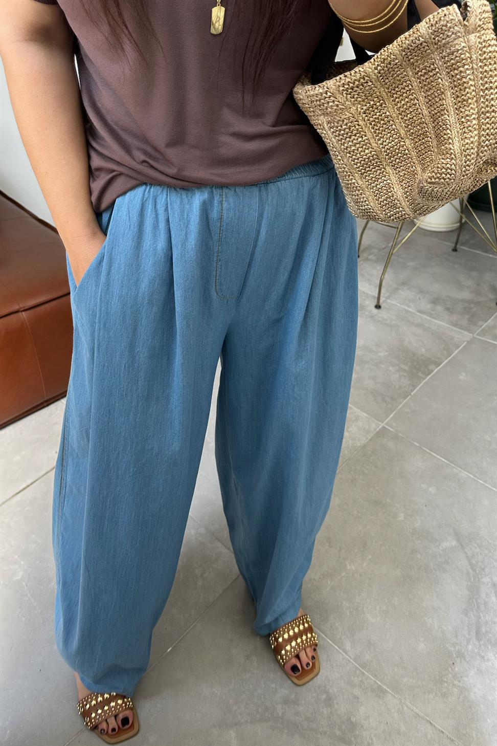 Premium Seri İnce Tensel Denim Şalvar Pantolon Buz Mavisi