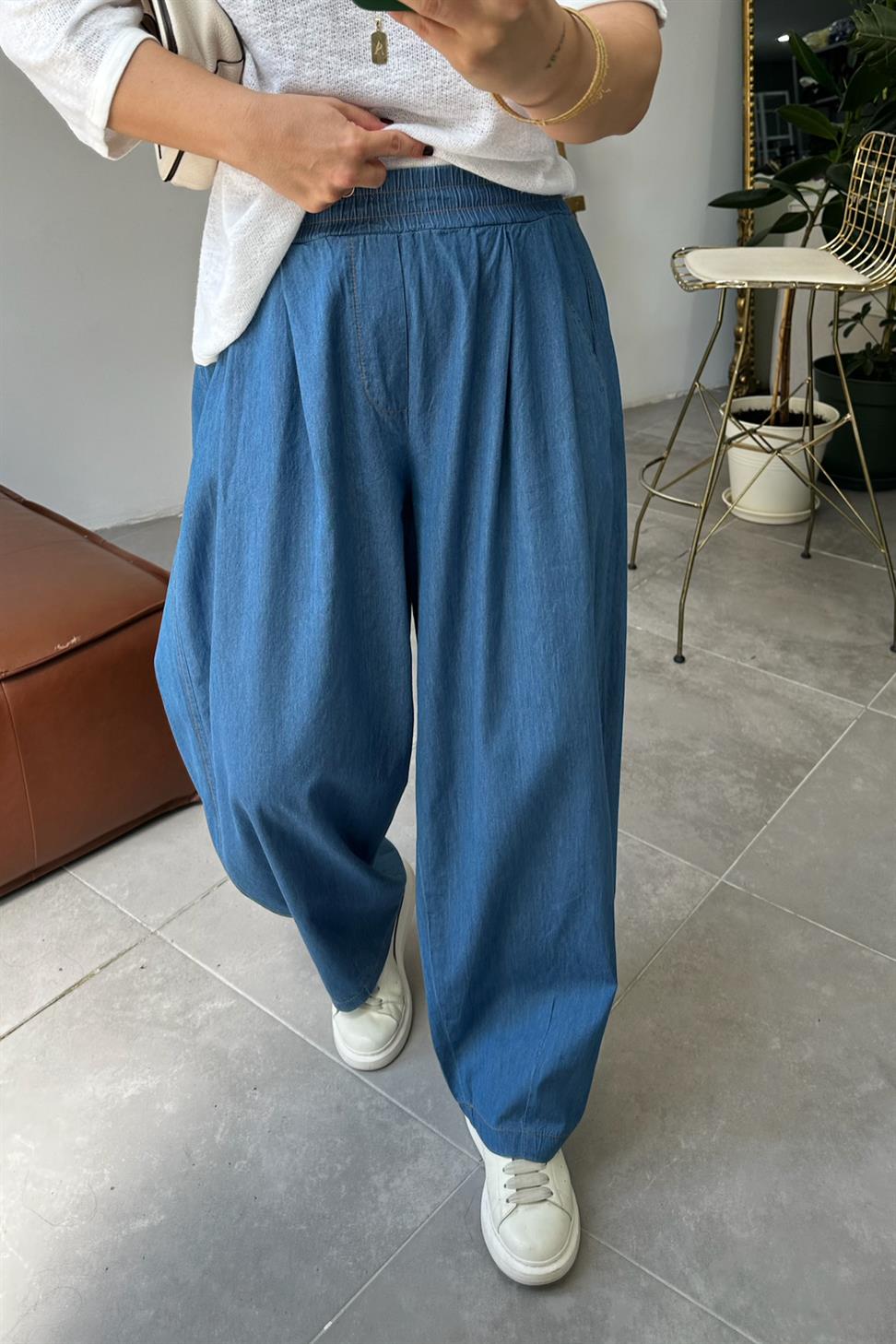 Premium Seri İnce Tensel Denim Şalvar Pantolon Mavi