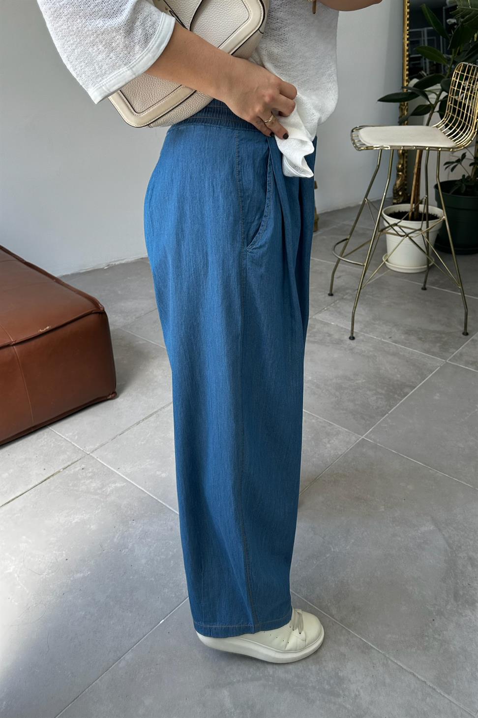 Premium Seri İnce Tensel Denim Şalvar Pantolon Mavi