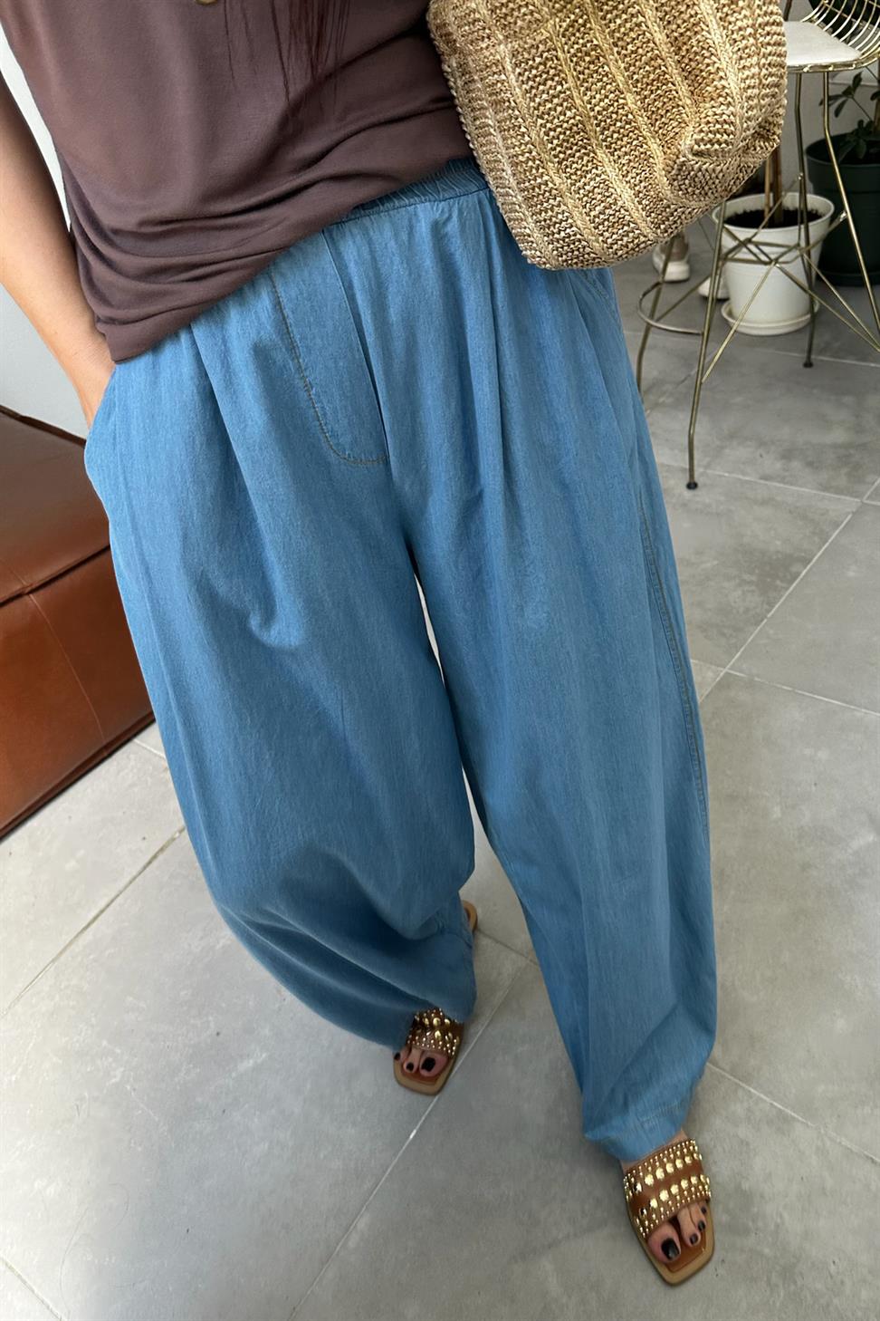 Premium Seri İnce Tensel Denim Şalvar Pantolon Buz Mavisi