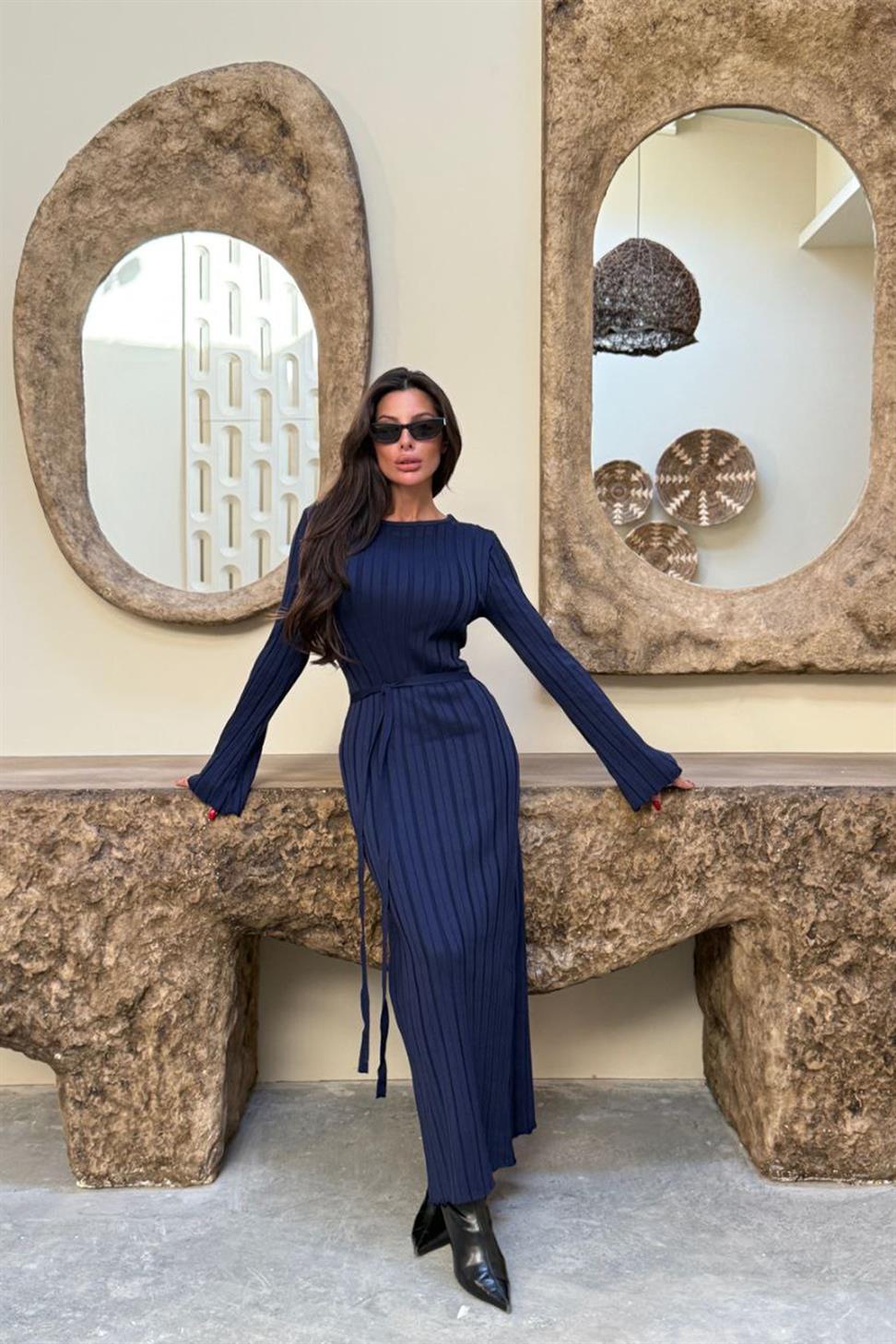 Premium Seri Kalın Fitilli Maxi Triko Ebise Lacivert