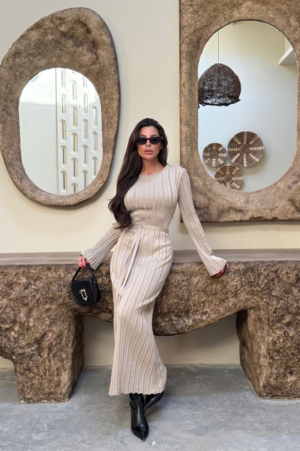 Premium Seri Kalın Fitilli Maxi Triko Ebise Taş