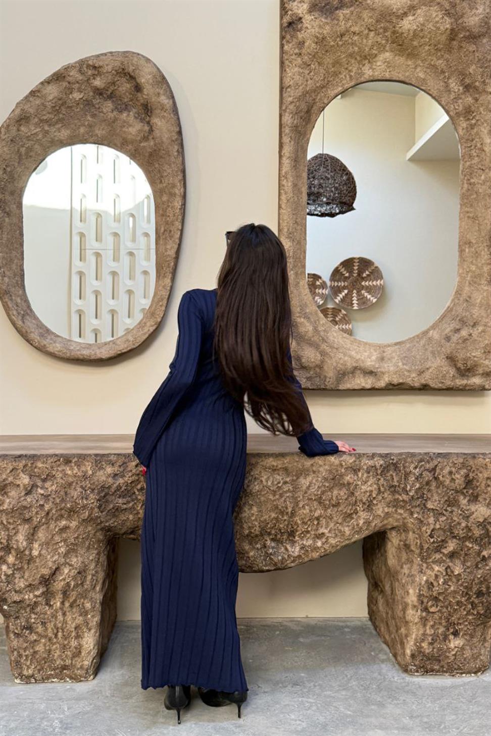 Premium Seri Kalın Fitilli Maxi Triko Ebise Lacivert