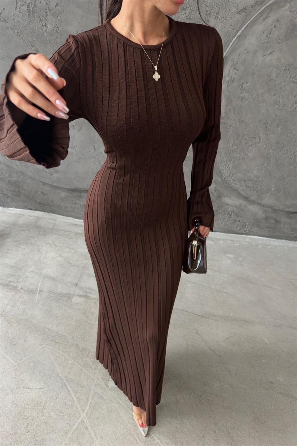 Premium Seri Kalın Fitilli Maxi Triko Ebise Acı Kahve
