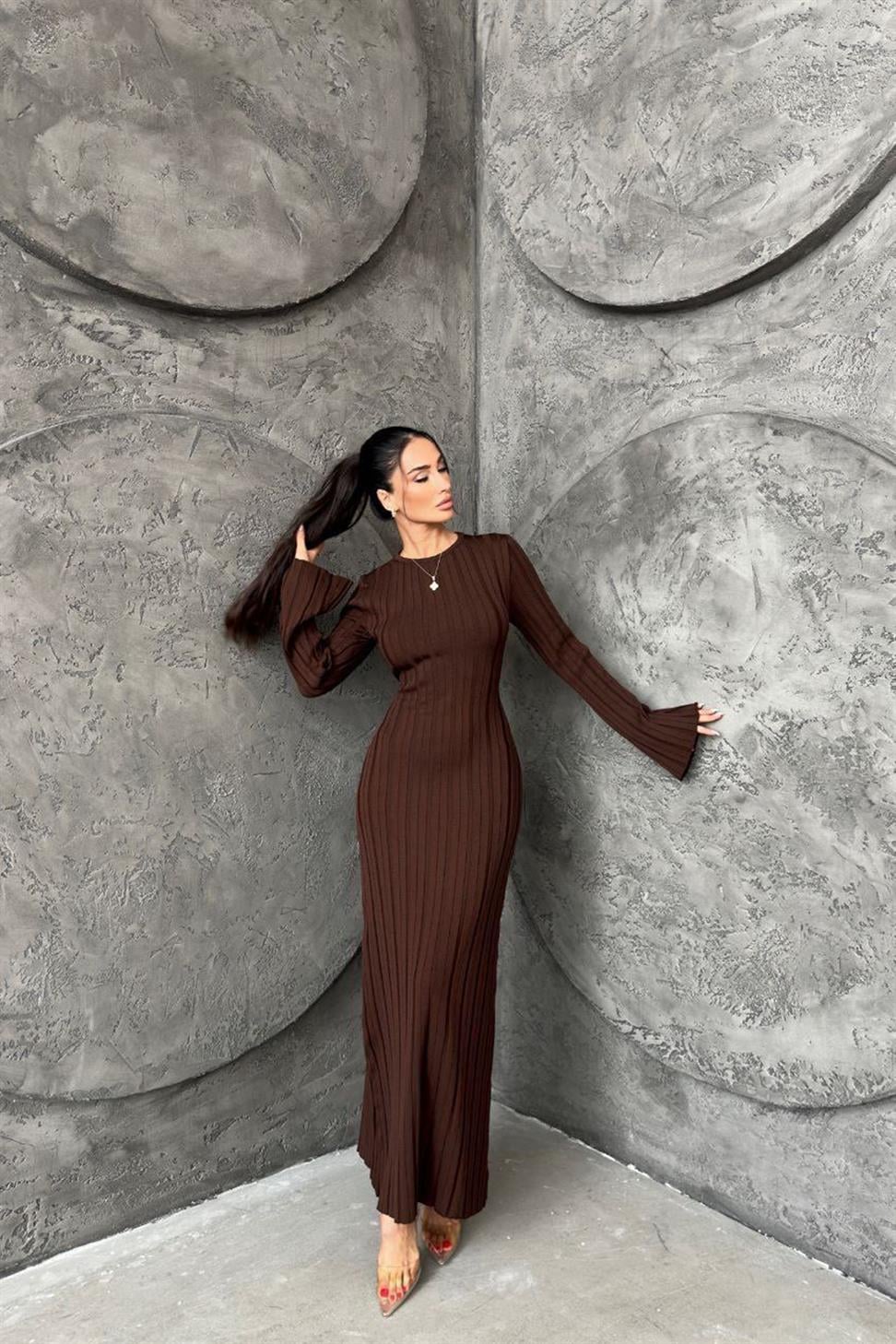 Premium Seri Kalın Fitilli Maxi Triko Ebise Acı Kahve