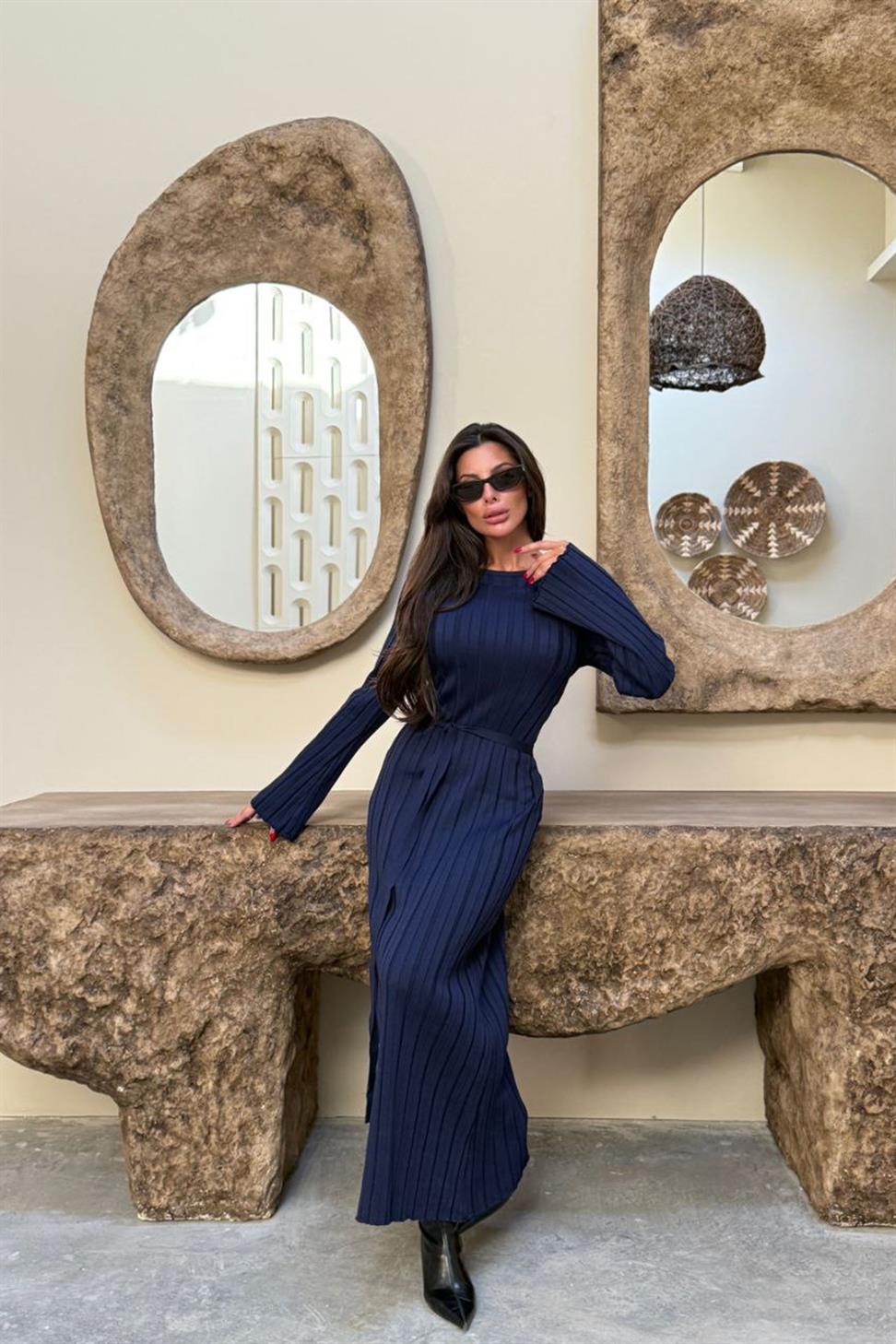 Premium Seri Kalın Fitilli Maxi Triko Ebise Lacivert