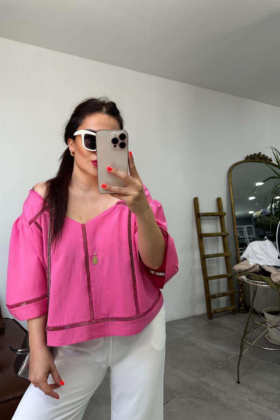 Premium Seri Keten Dokulu Bağlama Detay Bluz Pembe