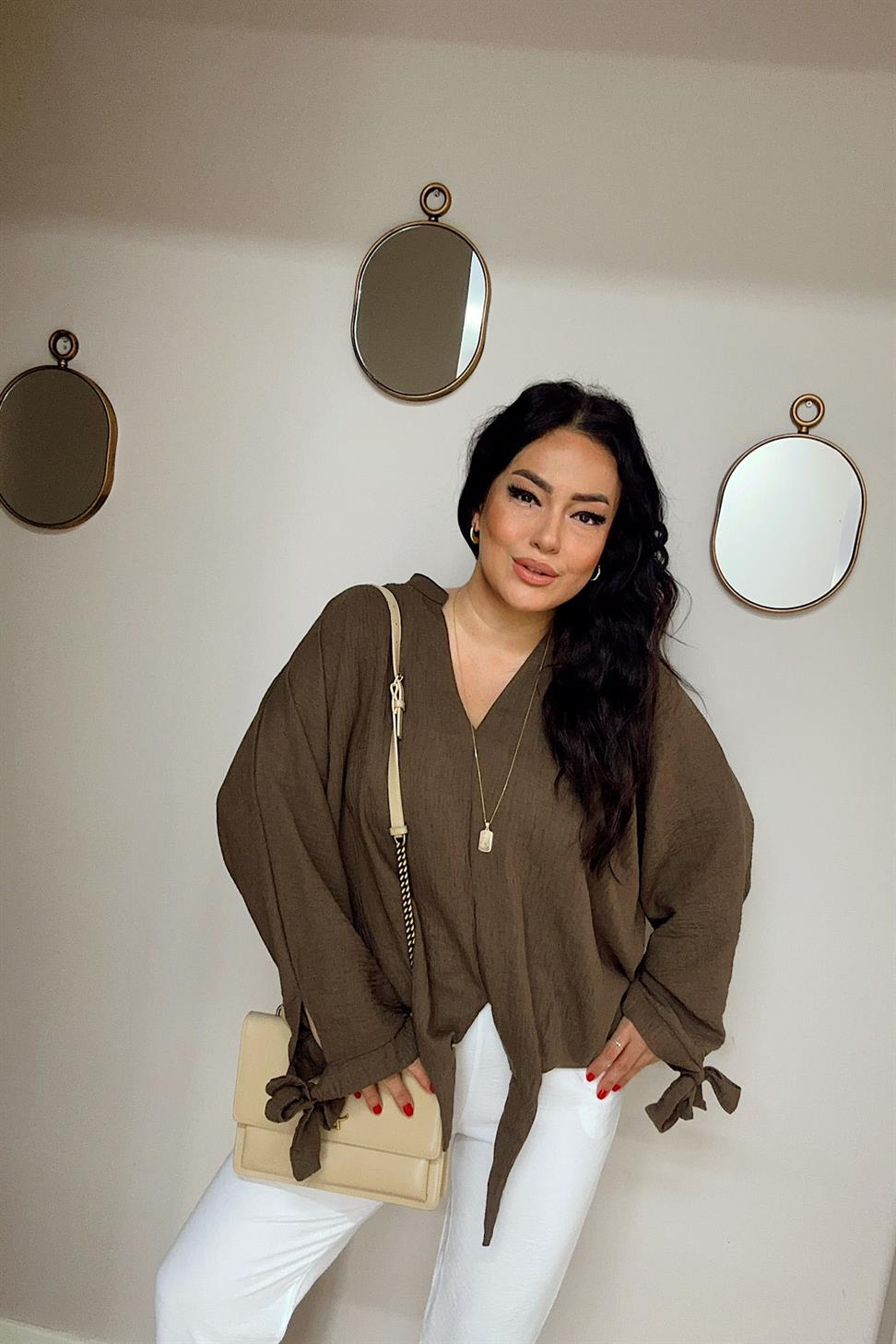 Premium Seri Keten Dokulu Bağlama Detaylı Gömlek Acı Kahve