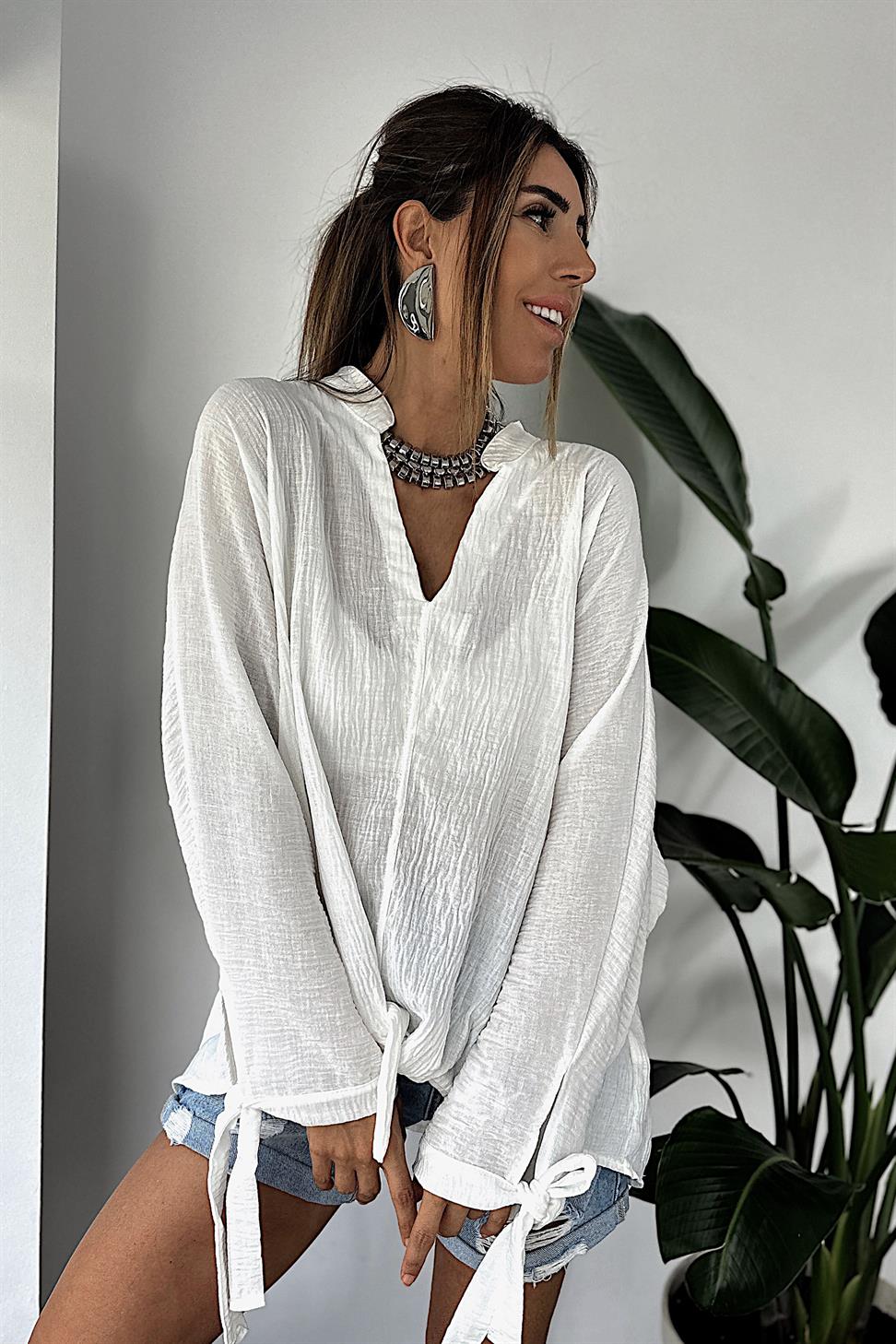 Premium Seri Keten Dokulu Bağlama Detaylı Gömlek Beyaz