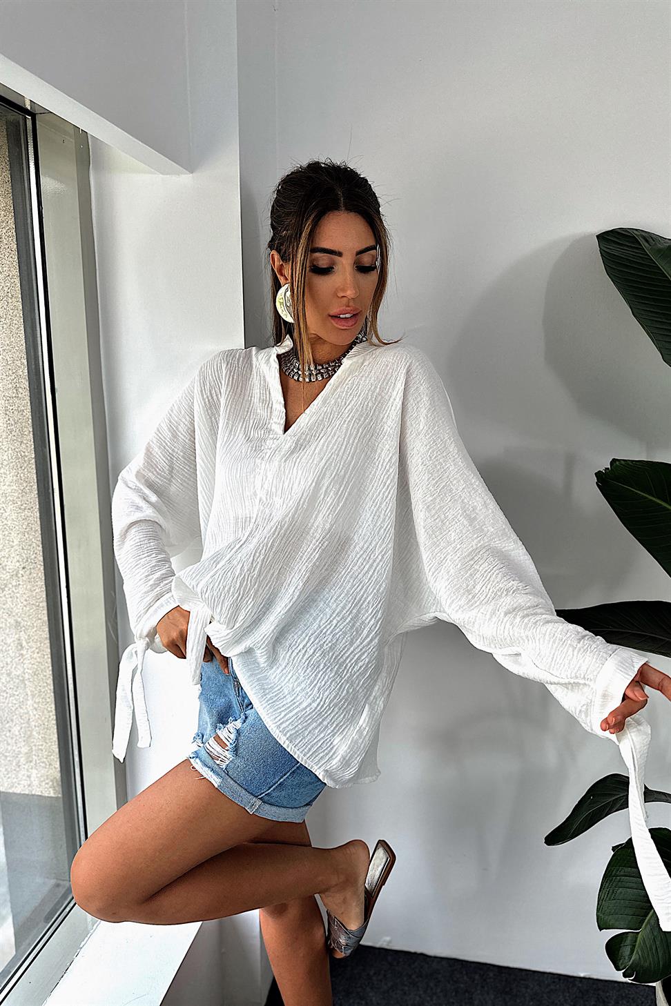 Premium Seri Keten Dokulu Bağlama Detaylı Gömlek Beyaz