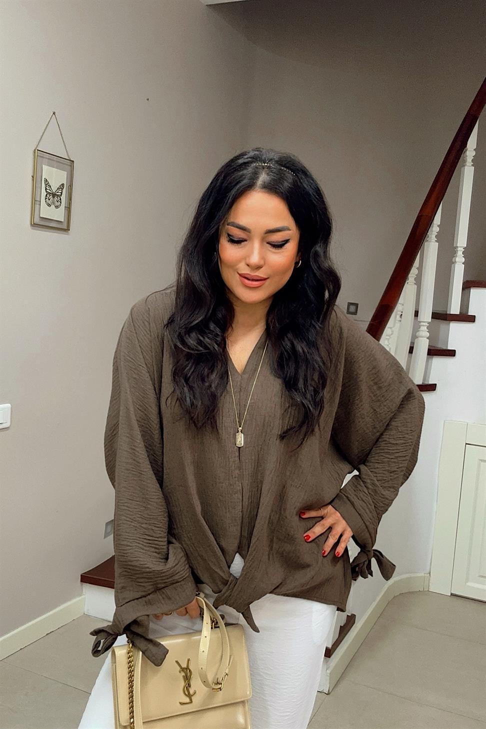 Premium Seri Keten Dokulu Bağlama Detaylı Gömlek Acı Kahve