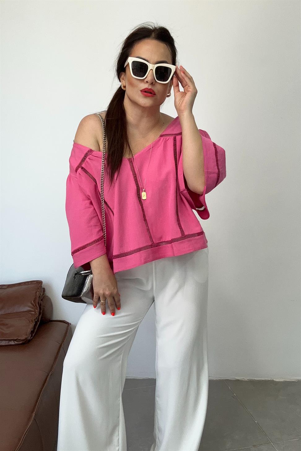 Premium Seri Keten Dokulu Bağlama Detay Bluz Pembe