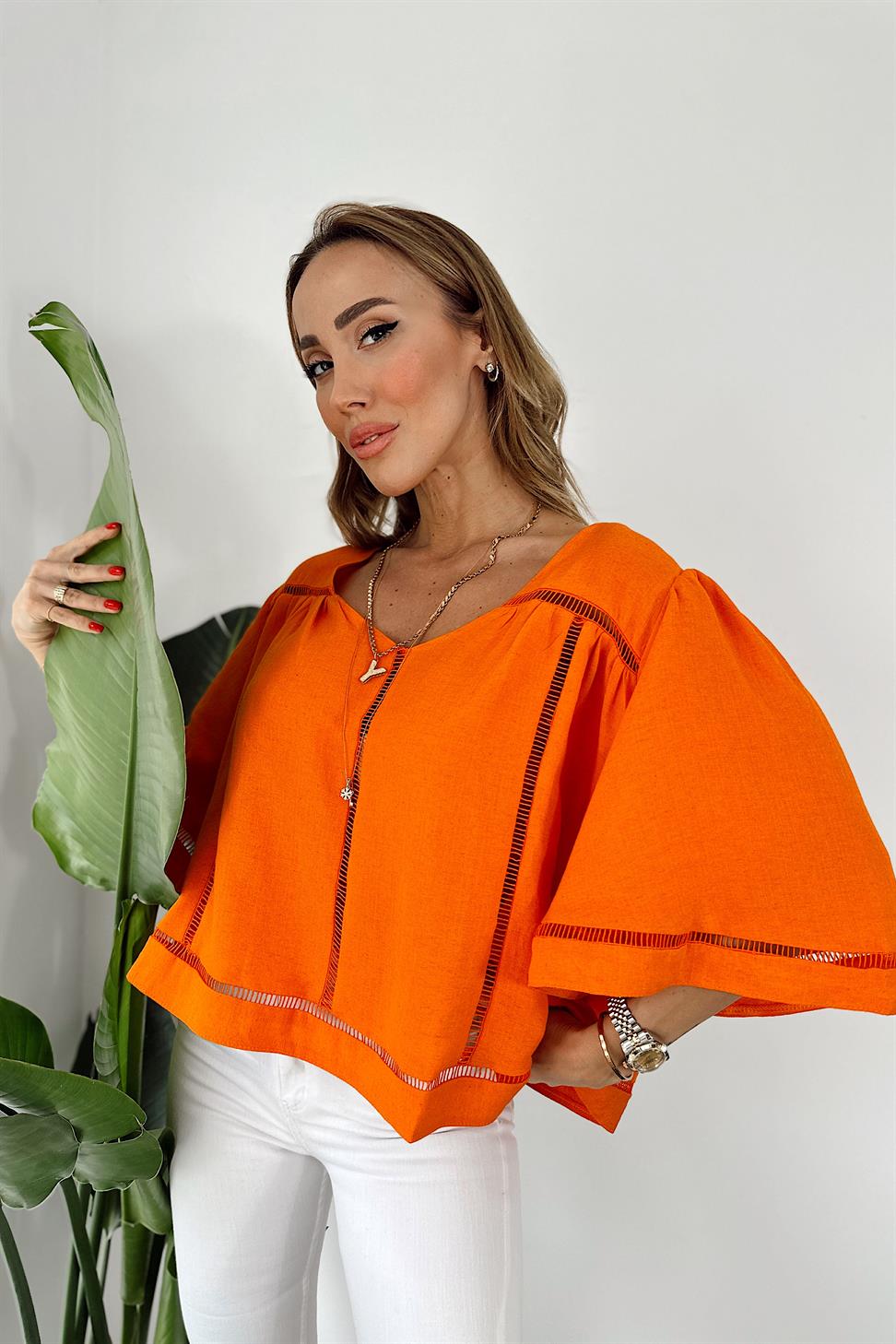 Premium Seri Keten Dokulu Bağlama Detay Bluz Turuncu