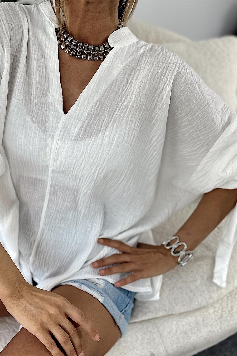 Premium Seri Keten Dokulu Bağlama Detaylı Gömlek Beyaz