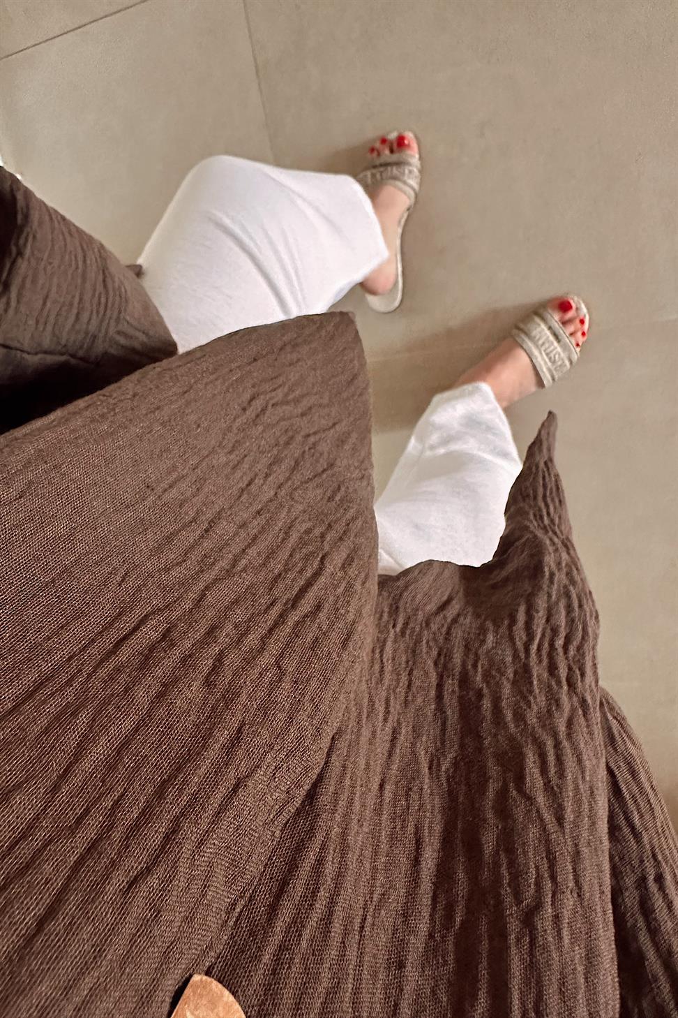 Premium Seri Keten Dokulu Bağlama Detaylı Gömlek Acı Kahve