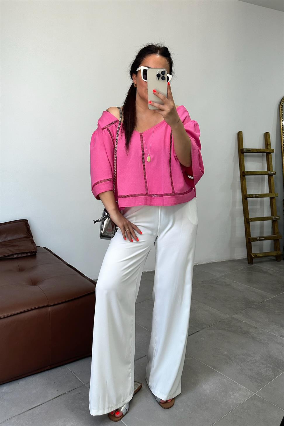 Premium Seri Keten Dokulu Bağlama Detay Bluz Pembe