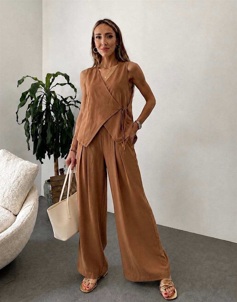 Premium Seri Kruvaze Tiril Crep KumaşTakım  Camel