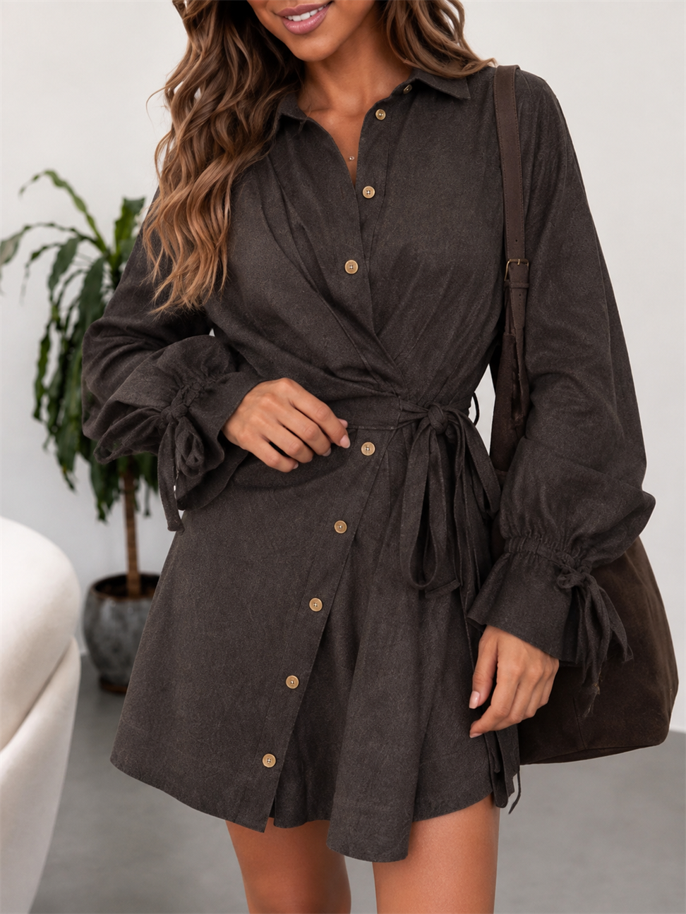 Premium Seri Kuşaklı Denim Elbise Kahverengi