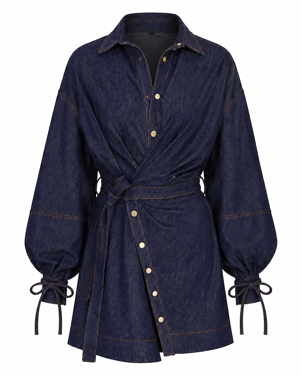 Premium Seri Kuşaklı Denim Elbise Lacivert